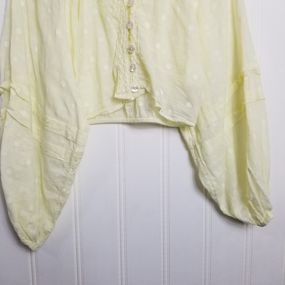 Free People Ballon Sleeve Crop Top Womens Yellow Button V Neck Longsleeve - Picture 5 of 15